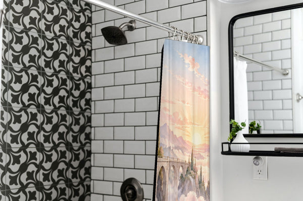 Cloud Towers Fairy Tale shower curtain in a modern farmhouse bathroom with subway tile