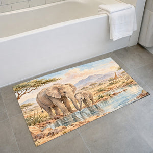 Elephant Family Safari bath mat on the floor in front of the tub