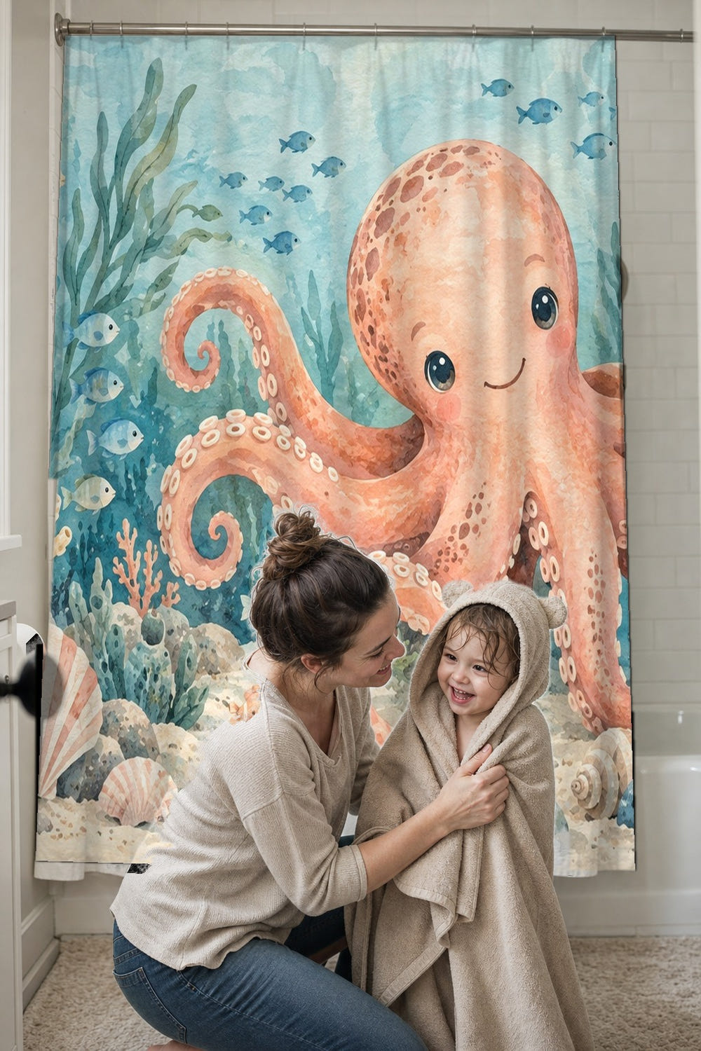 Friendly Octopus Ocean shower curtain, full front view of the 71 x 74 in fabric curtain