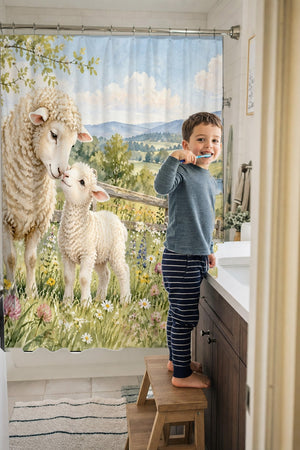 Child brushing teeth in a family bathroom with the Lamb Meadow Farm shower curtain
