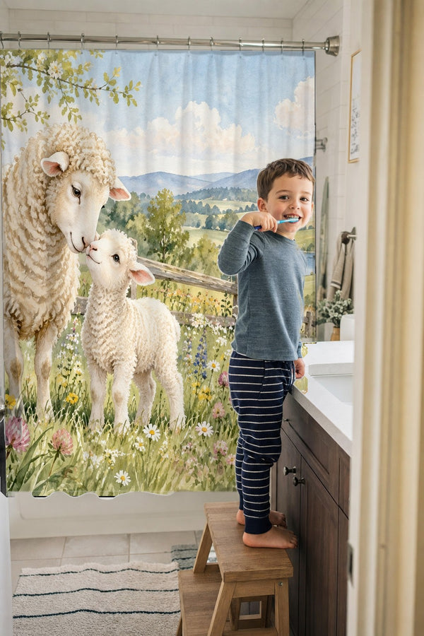 Child brushing teeth in a family bathroom with the Lamb Meadow Farm shower curtain