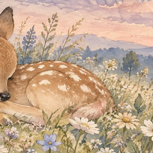 Resting Deer shower curtain, close up of the watercolor artwork