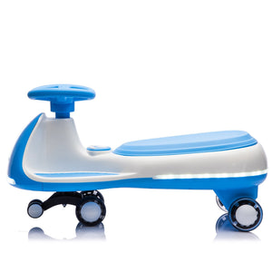 12V Electric Wiggle Ride On Car with dual motors and LED lights, angled view showcasing its vibrant design and features.