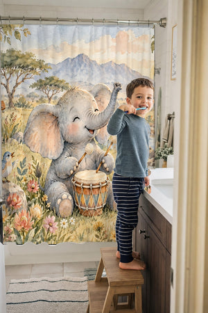 Child brushing teeth in a family bathroom with the Elephant Drum shower curtain