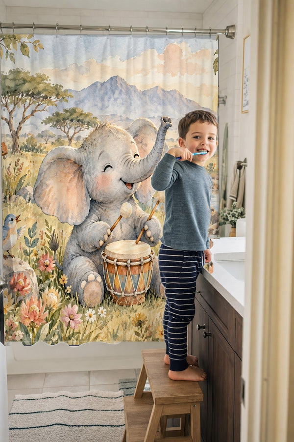 Child brushing teeth in a family bathroom with the Elephant Drum shower curtain