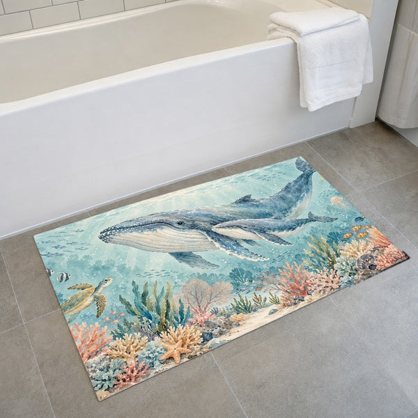 Whale Family Ocean bath mat on the floor in front of the tub
