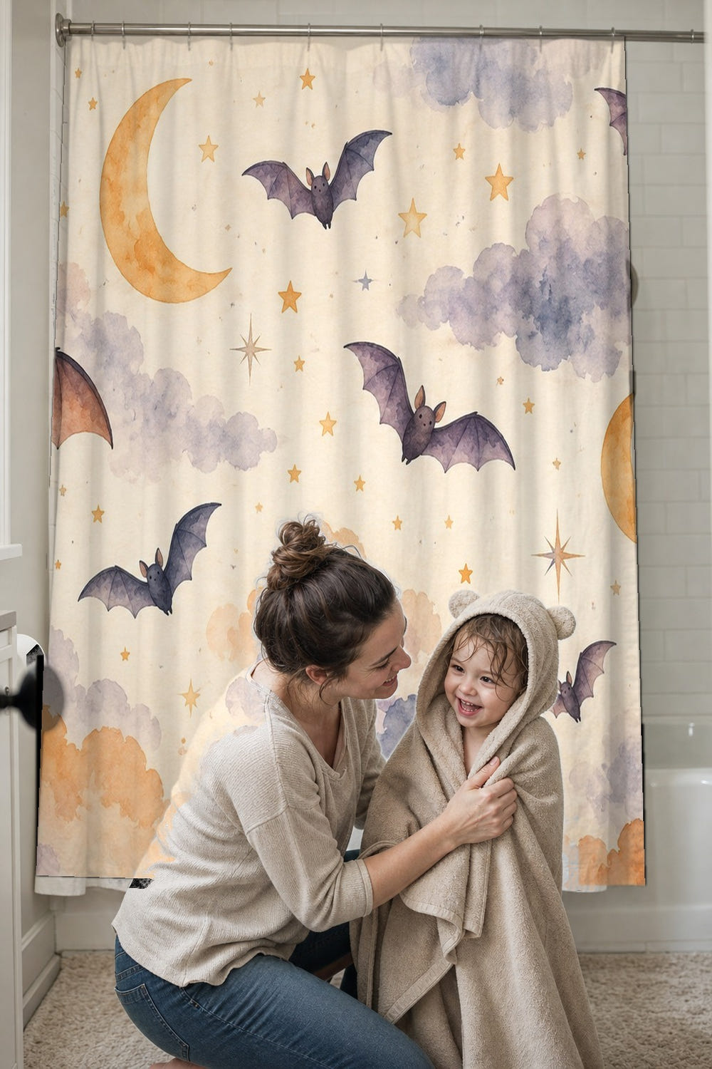 Bats and Moons Halloween shower curtain, full front view of the 71 x 74 in fabric curtain