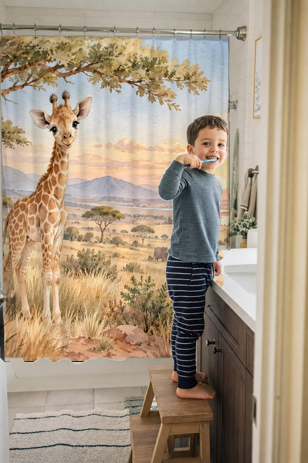 Child brushing teeth in a family bathroom with the Baby Giraffe Safari shower curtain