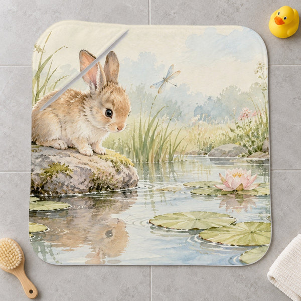 Quiet Garden Pond Bunny kids hooded bath towel laid flat