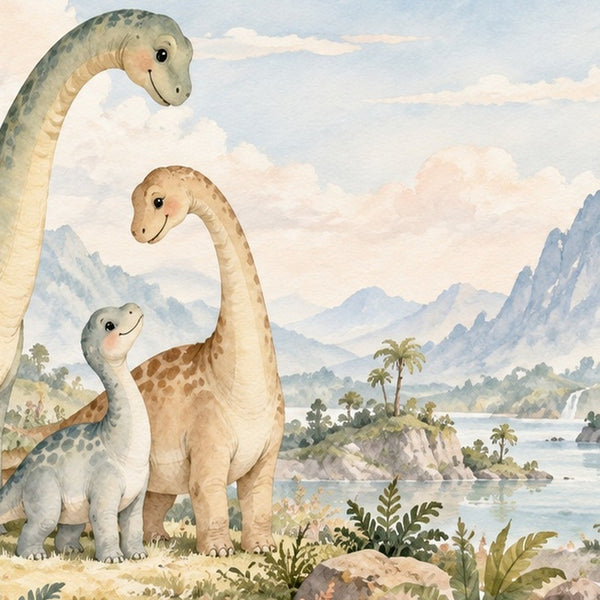 Long Neck Family Dinosaur kids rug, close up of the watercolor artwork