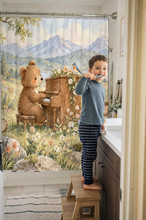 Child brushing teeth in a family bathroom with the Bear Piano shower curtain