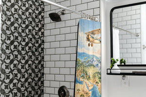 World Explorer shower curtain in a modern farmhouse bathroom with subway tile