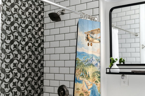 World Explorer shower curtain in a modern farmhouse bathroom with subway tile