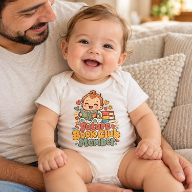 Baby wearing the Future Book Club Member baby bodysuit
