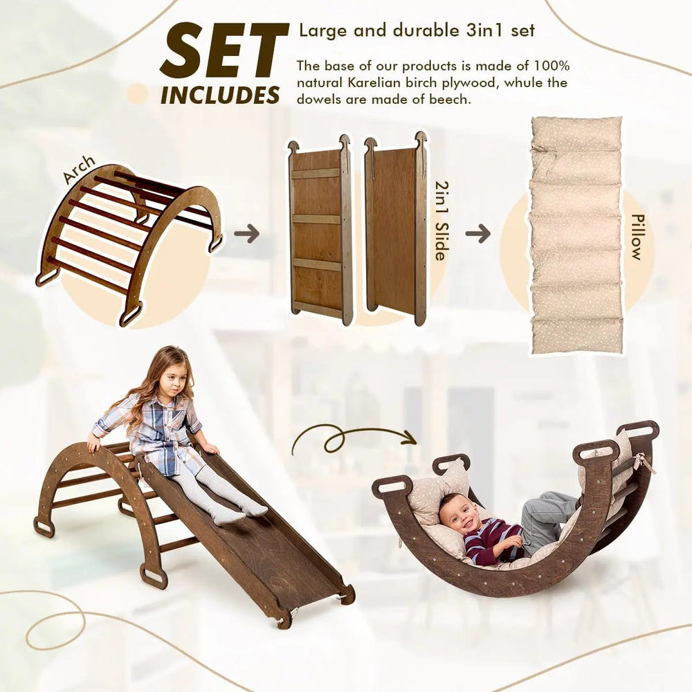 3in1 Montessori Climbing Set in chocolate: Arch, slide board, and cushion for active play and development.
