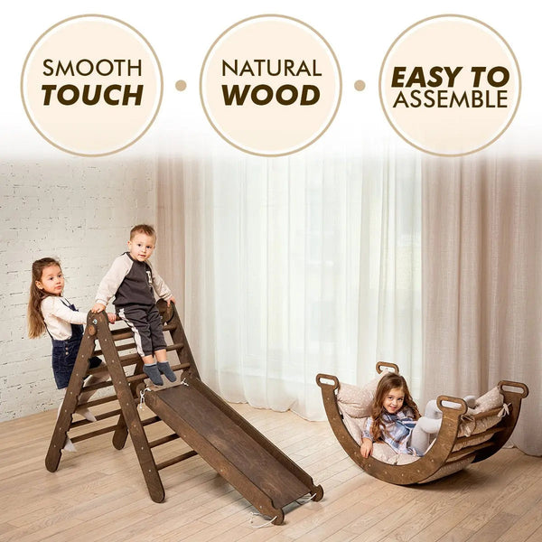 3in1 Montessori Climbing Set: Climbing Arch + Slide Board + Cushion – Chocolate