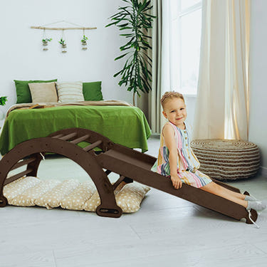 3in1 Montessori Climbing Set in chocolate: Arch, slide board, and cushion for active play and development.