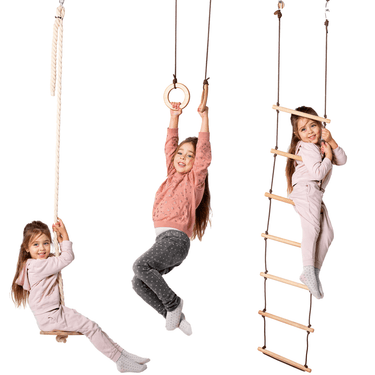 3in1 Swing & Climbing Set with Rope Ladder, Gym Rings, and Disc Swing for active toddlers and kids.