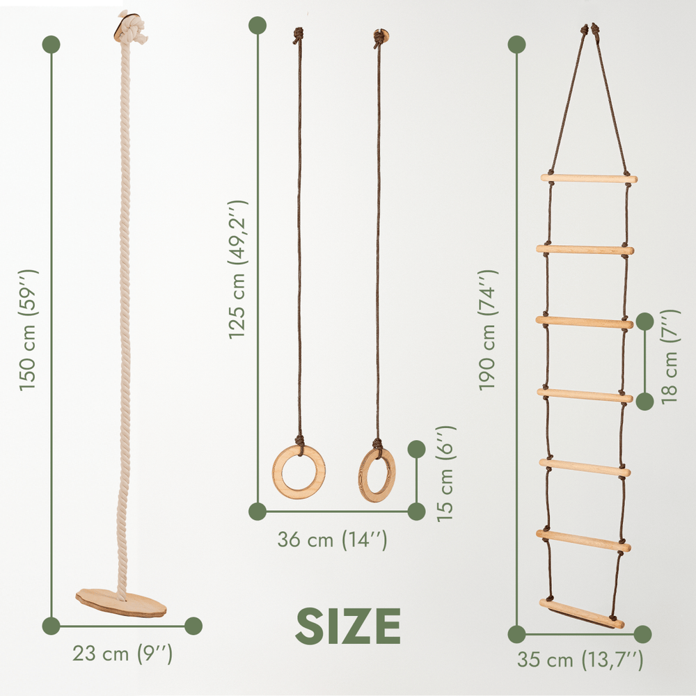 3in1 Swing & Climbing Set with Rope Ladder, Gym Rings, and Disc Swing for active toddlers and kids.