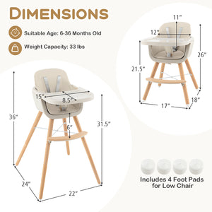 3-in-1 Convertible Wooden High Chair with Cushion, stylish and functional for babies and kids, shown at angle 13.