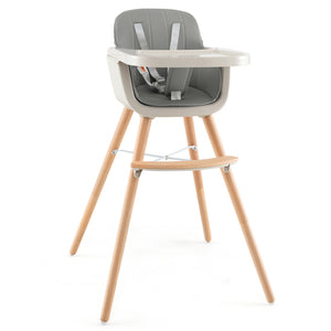 3-in-1 convertible wooden high chair with cushion, angled view showcasing design and functionality for babies and kids.