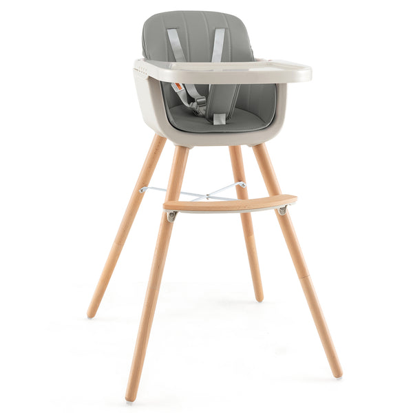 3-in-1 convertible wooden high chair with cushion, angled view showcasing design and functionality for babies and kids.