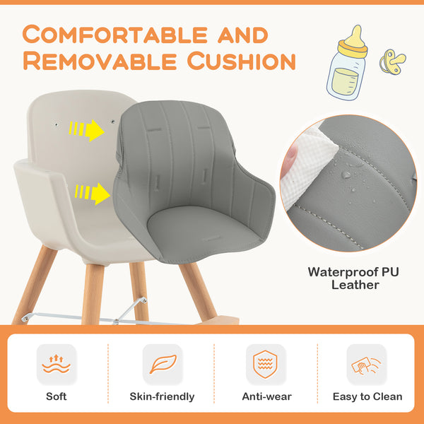 3-in-1 Convertible Wooden High Chair with Cushion, stylish and versatile for baby dining needs.