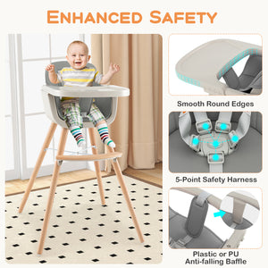 3-in-1 Convertible Wooden High Chair with Cushion, perfect for babies and toddlers, shown at angle 8.