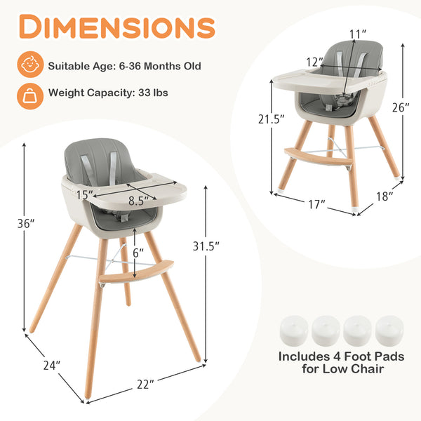 3-in-1 Convertible Wooden High Chair with Cushion, stylish and functional for babies and toddlers.