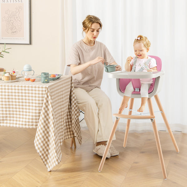 3-in-1 Convertible Wooden High Chair with Cushion, angled view, perfect for babies and toddlers.