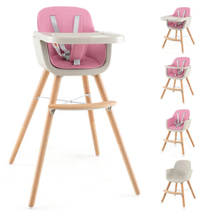 3-in-1 Convertible Wooden High Chair with Cushion, stylish and functional for babies and toddlers, shown at angle 28.