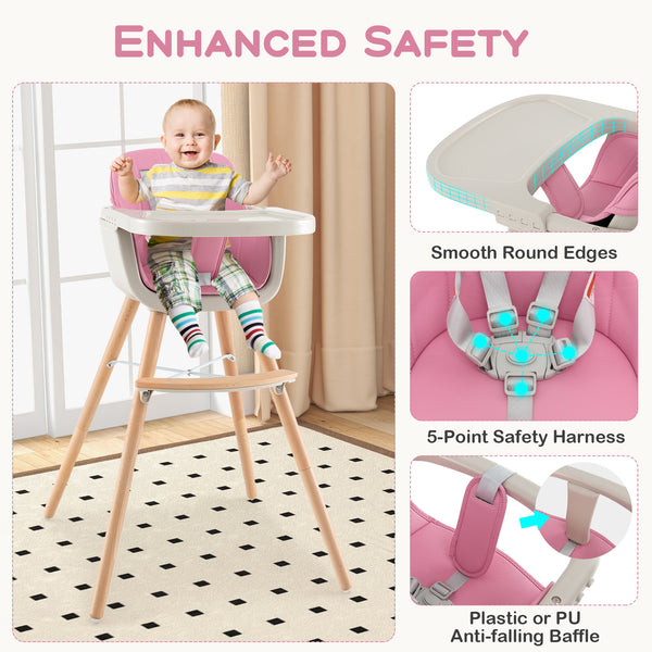 3-in-1 Convertible Wooden High Chair with Cushion, angled view, perfect for babies and toddlers.