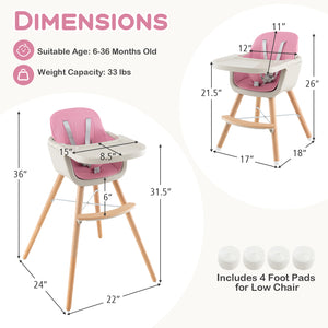 3-in-1 Convertible Wooden High Chair with Cushion, stylish and functional for baby mealtime. Angle view 29.