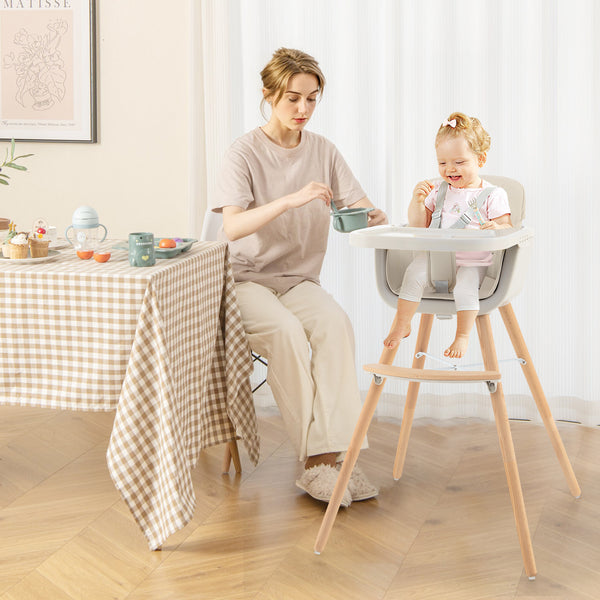 3-in-1 Convertible Wooden High Chair with Cushion, stylish and functional for babies and kids, shown at angle 9.