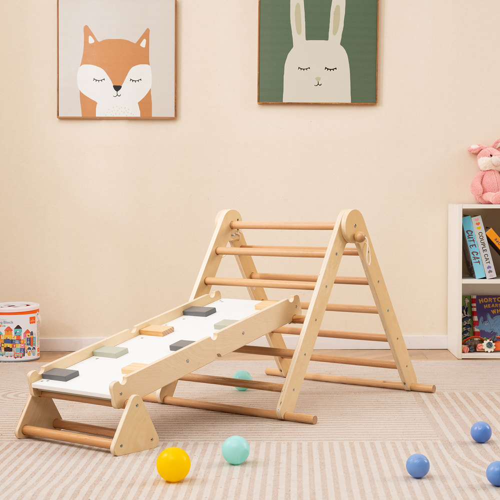 3-in-1 Pikler Triangle Climbing Set Kids Foldable Montessori Toys with Ramp