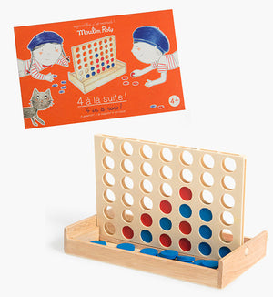 4 in a Row Wooden Board Game by Moulin Roty - Fun recreational toy for babies and toddlers, shown from angle 3.