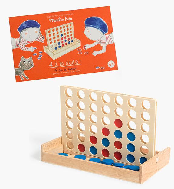4 in a Row Wooden Board Game by Moulin Roty - Fun recreational toy for babies and toddlers, shown from angle 3.