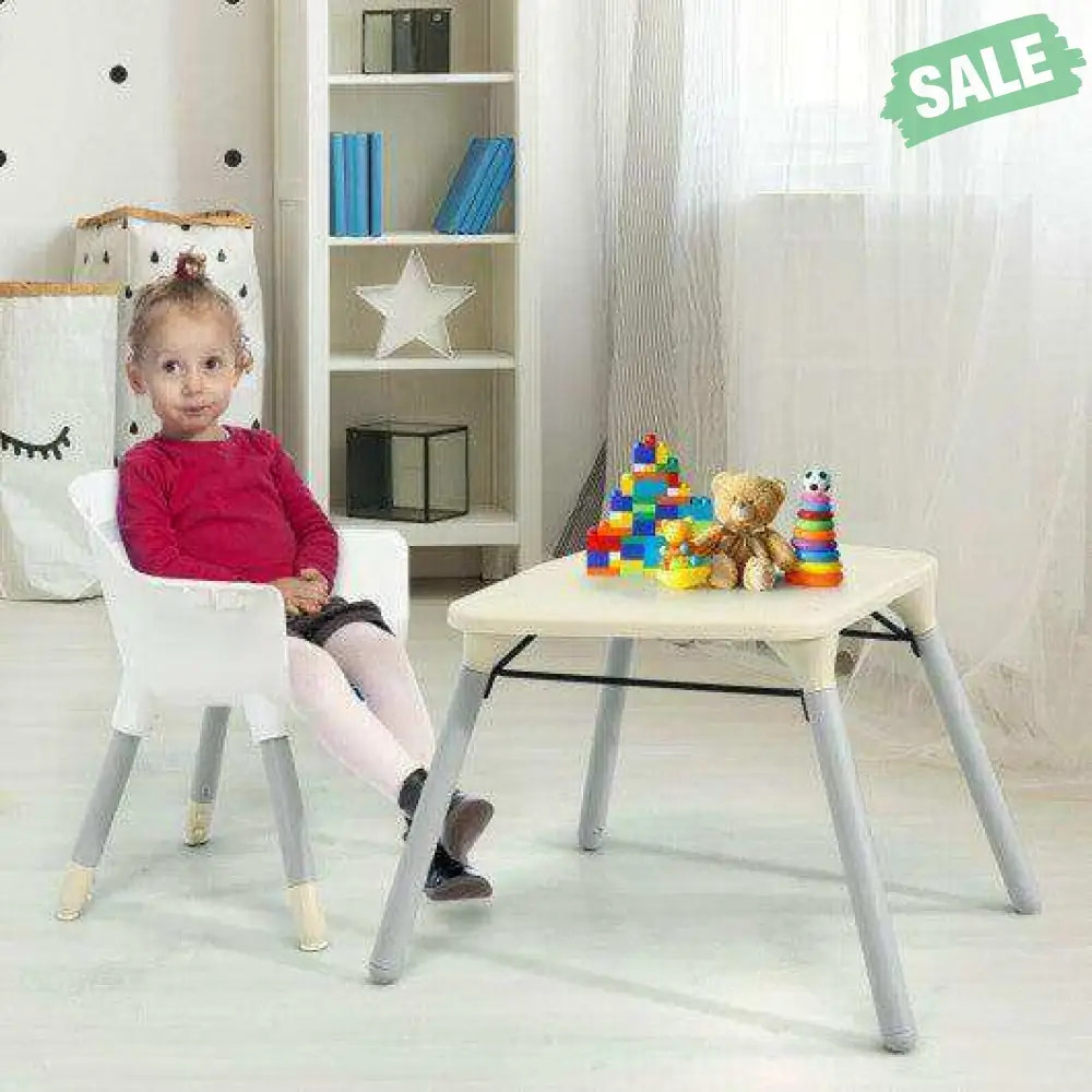 4-in-1 Baby Convertible Toddler Table Chair Set with PU Cushion-Beige Gray High Chairs