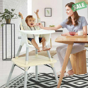 4-in-1 Baby Convertible Toddler Table Chair Set with PU Cushion-Beige Gray High Chairs