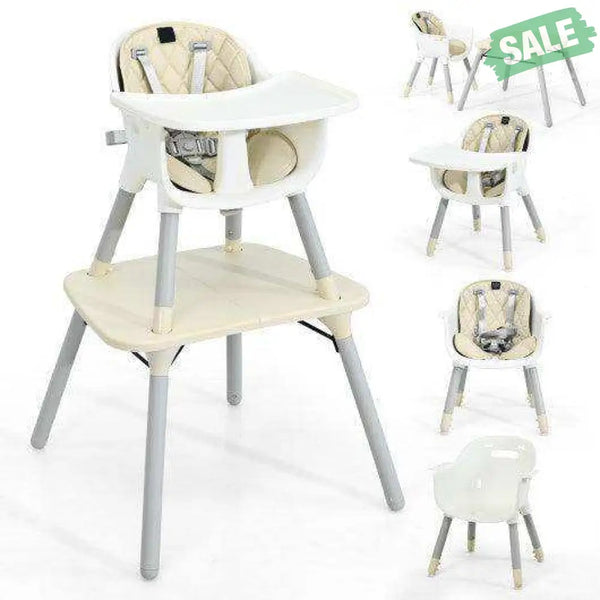 4-in-1 Baby Convertible Toddler Table Chair Set with PU Cushion-Beige Gray High Chairs