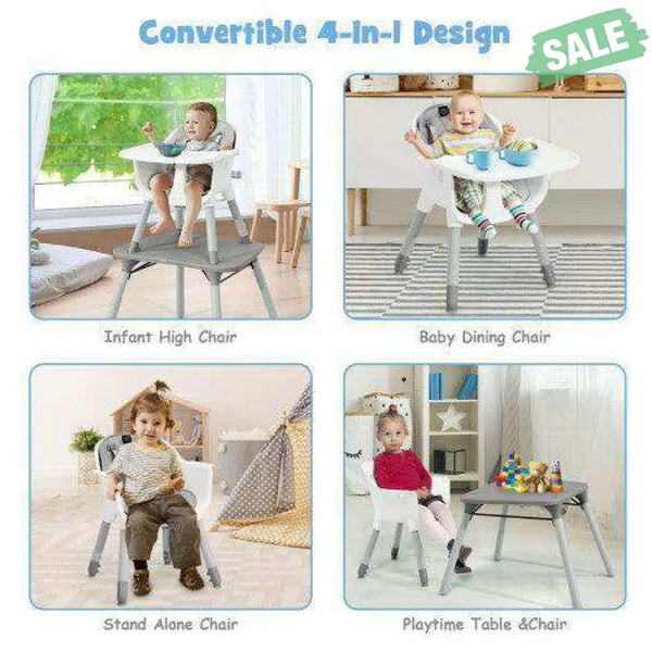 4-in-1 Baby Convertible Toddler Table Chair Set with PU Cushion-Beige Gray High Chairs