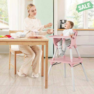 4-in-1 Baby Convertible Toddler Table Chair Set with PU Cushion-Beige Gray High Chairs