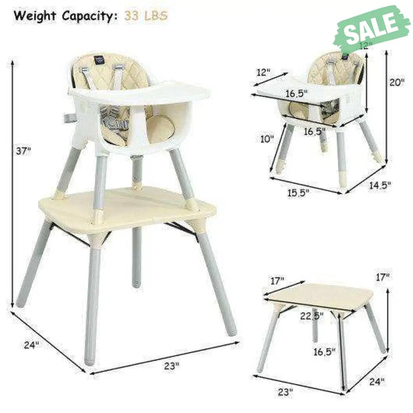 4-in-1 Baby Convertible Toddler Table Chair Set with PU Cushion-Beige Gray High Chairs
