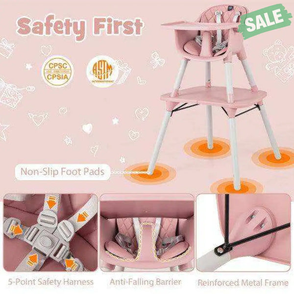 4-in-1 Baby Convertible Toddler Table Chair Set with PU Cushion-Beige Gray High Chairs