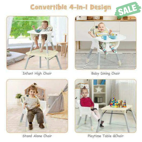 4-in-1 Baby Convertible Toddler Table Chair Set with PU Cushion-Beige Gray High Chairs