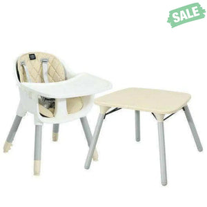 4-in-1 Baby Convertible Toddler Table Chair Set with PU Cushion-Beige Gray High Chairs