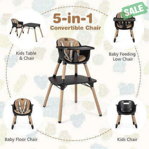4-in-1 Baby Convertible Toddler Table Chair Set with PU Cushion-Beige Gray High Chairs