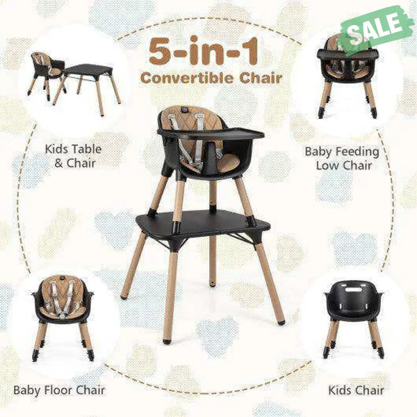 4-in-1 Baby Convertible Toddler Table Chair Set with PU Cushion-Beige Gray High Chairs