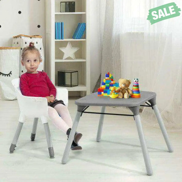 4-in-1 Baby Convertible Toddler Table Chair Set with PU Cushion-Beige Gray High Chairs
