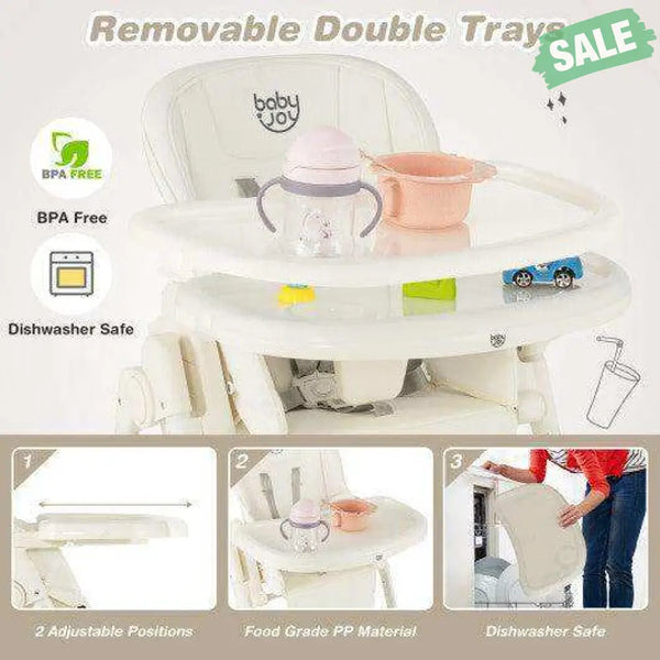 4-in-1 Baby High Chair with 6 Adjustable Heights-Beige Gray High Chairs